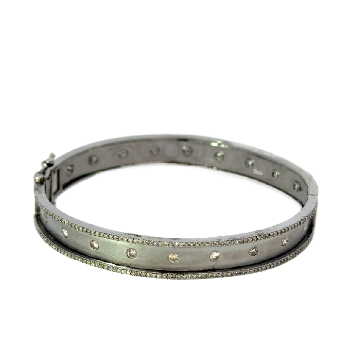 Matte Sterling and Diamond Bracelet with Double Pave Edge