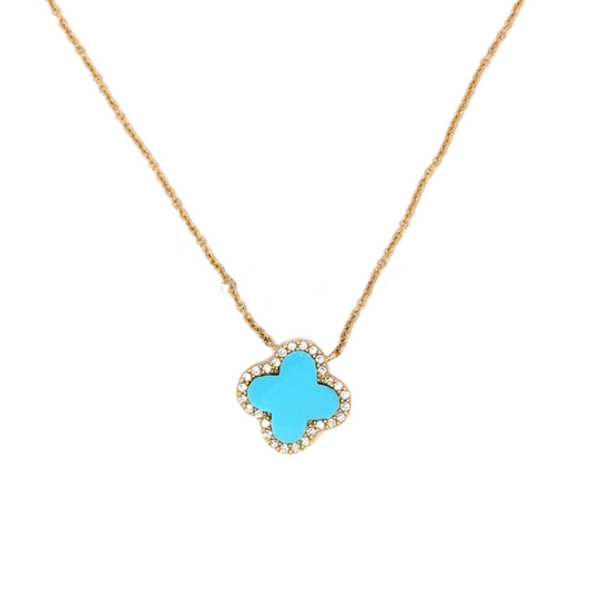 Yellow Gold Necklace with Turquoise Enamel Pave Diamond Clover