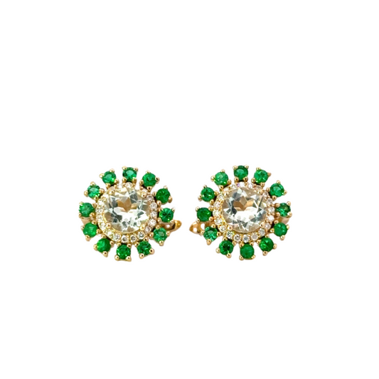 Yellow Gold White Topaz Earring with Emerald Border