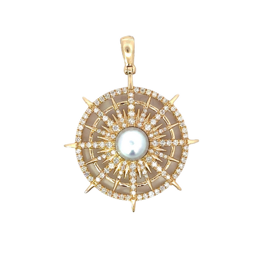 Pave Circle Starburst Pendant with Grey Pearl