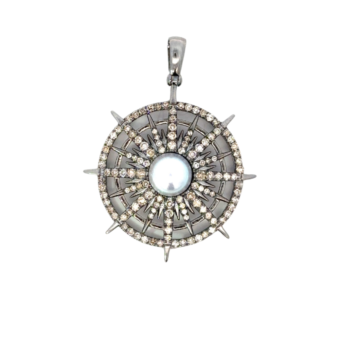 Pave Circle Starburst Pendant with Grey Pearl