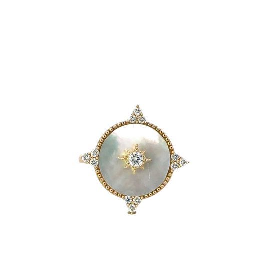 White Mother of Pearl Disc Ring with Diamond Accents