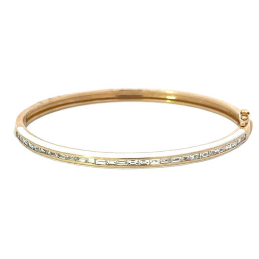 Yellow Gold White Enamel Baguette Diamond Bracelet