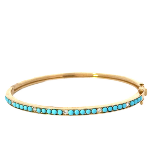 Yellow Gold Turquoise and Diamond Dot Bangle