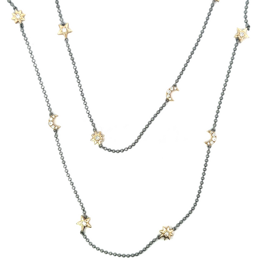 Sterling Bead Necklace with Yellow Gold and Diamond Moon and Star Accents