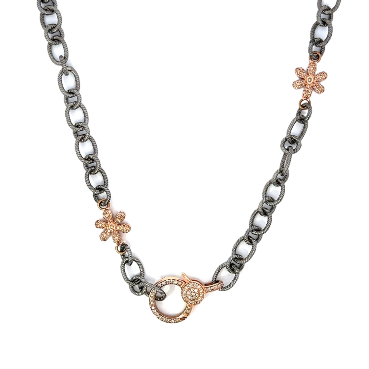 Oval Link Sterling Chain Accented By Two Rose Gold Pave Flowers and Two Tone Lobster