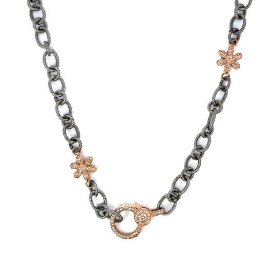 Oval Link Sterling Chain Accented By Two Rose Gold Pave Flowers and Two Tone Lobster