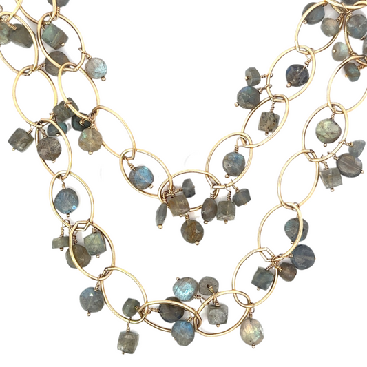 Long Yellow Gold Filled Necklace with Labradorite Accents