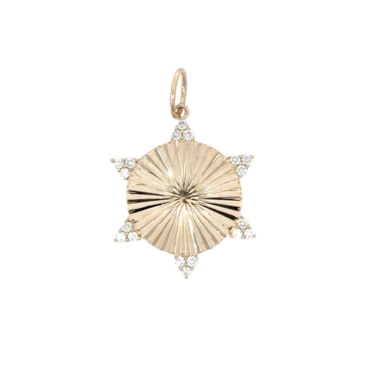 Large Ribbed Disc Pendant with 6 Point Diamond Accents