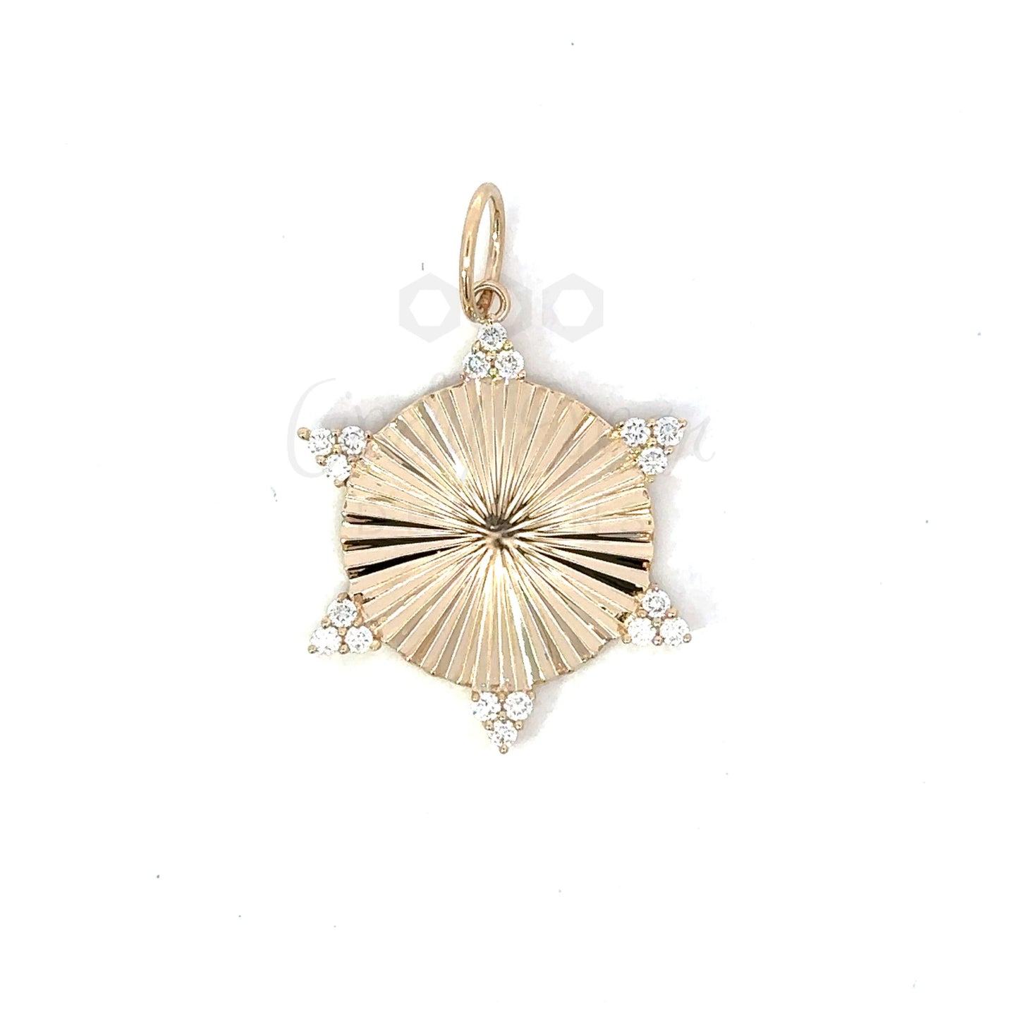 Large Ribbed Disc Pendant with 6 Point Diamond Accents