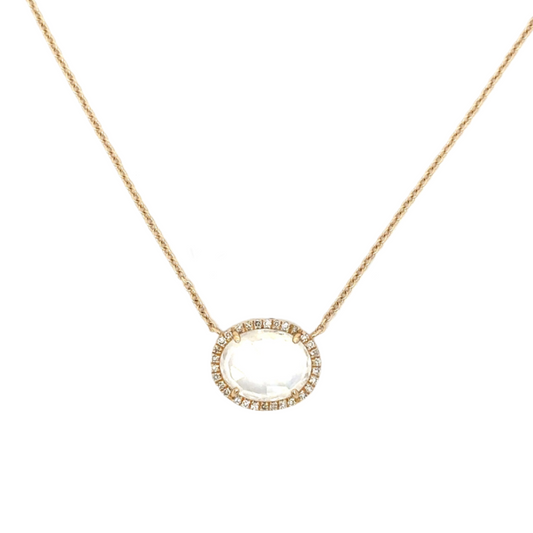 Yellow Gold Stationed Moonstone Necklace with Pave Border