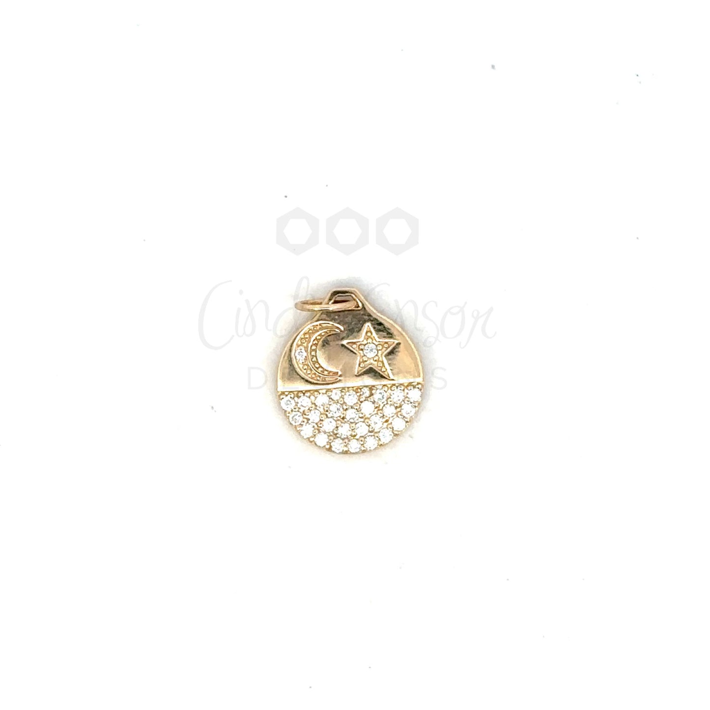 Yellow Gold Circle Pave Moon and Star Pendant