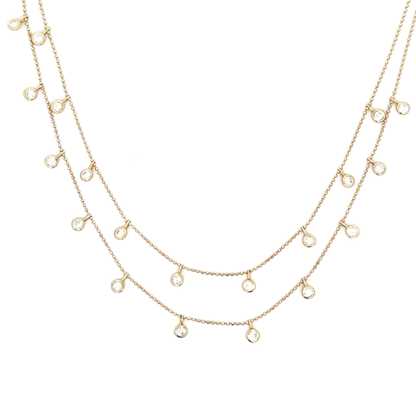 Double Layer Yellow Gold Bezeled CZ Station Necklace
