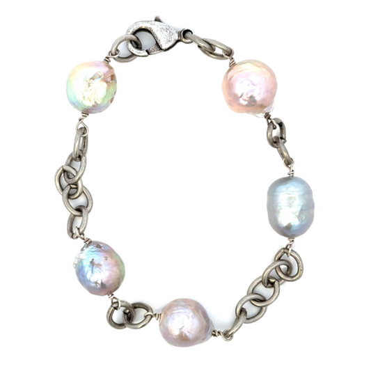 Sterling Silver and Multi Color Pearl Link Bracelet