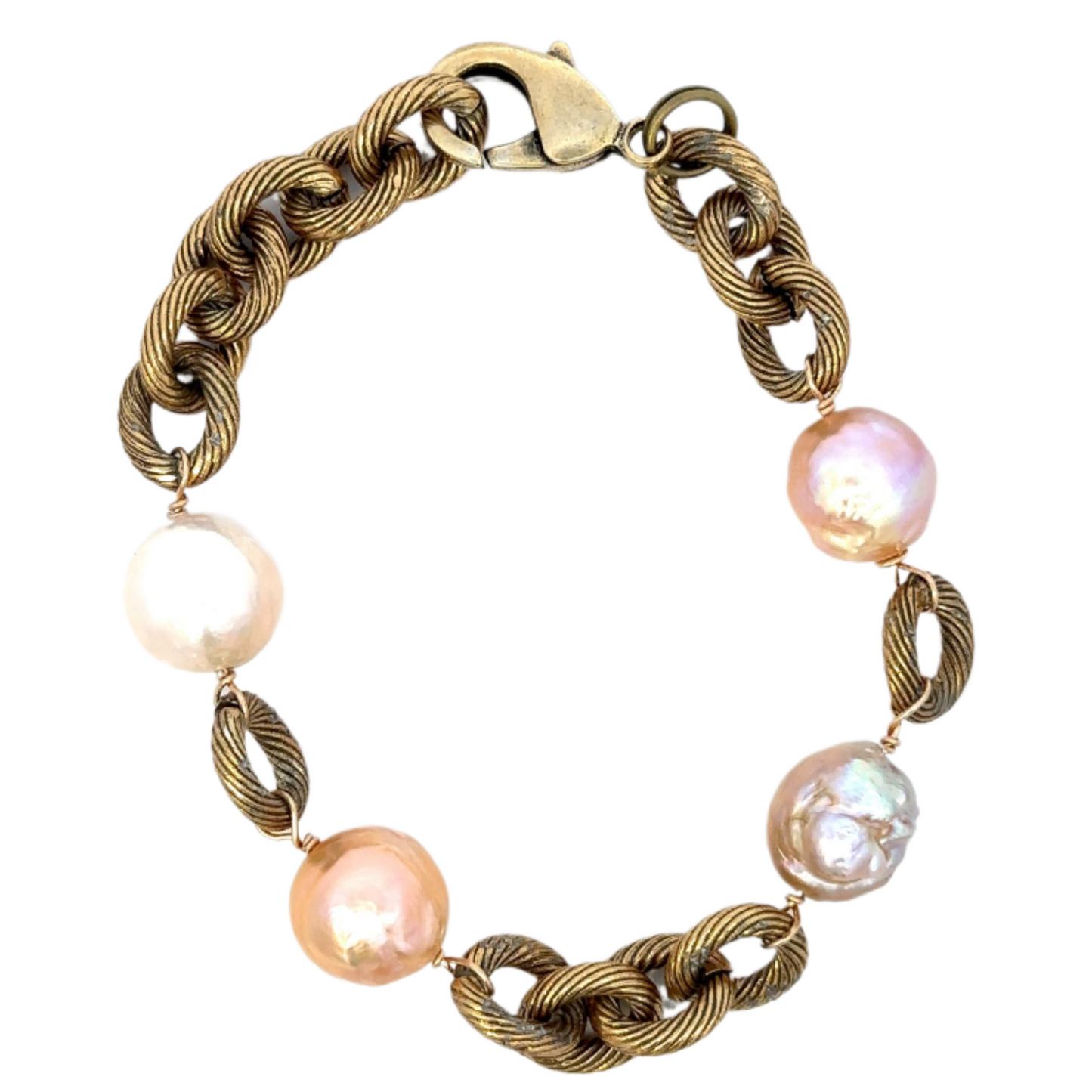 Gold Tone Ribbed Chain Bracelet with Pearl Accents