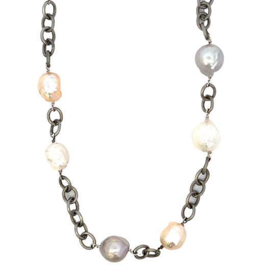 Sterling Silver and Multi Color Pearl Link Necklace