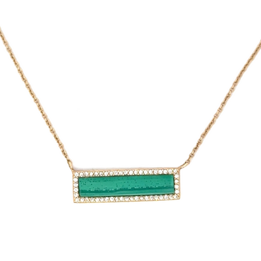 Yellow Gold Malachite Rectangle Bar Necklace with Pave Accents