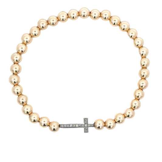 5mm Yellow Gold Filled Bead Bracelet with Sterling Pave Sideways Cross