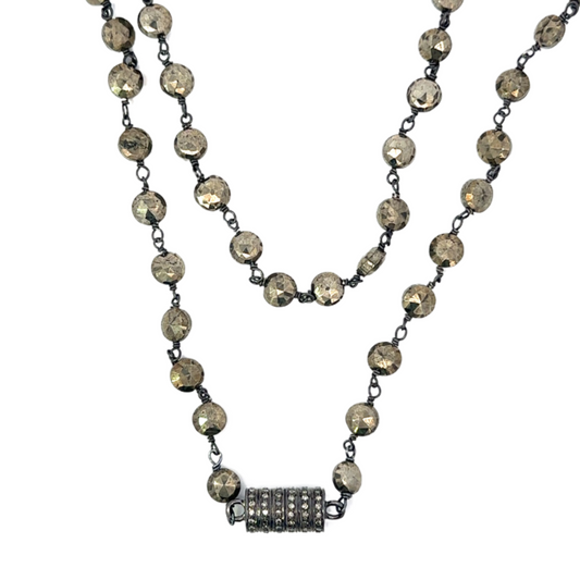 Sterling Long Pyrite Necklace with Pave Magnetic Clasp