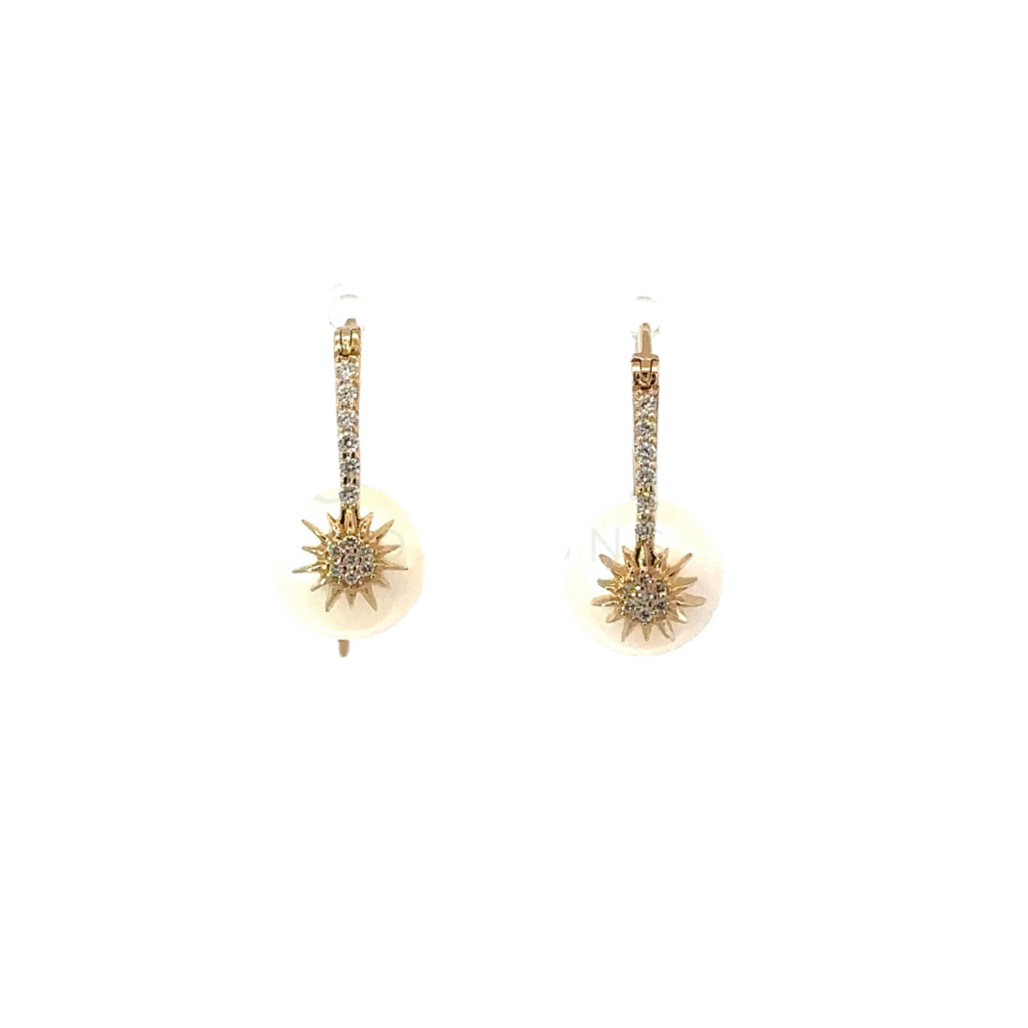 Yellow Gold Pave Latch Back Earrings with Sunburst Accent