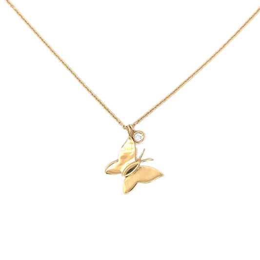 Yellow Gold Blank Butterfly and Bezeled Diamond Charm Necklace