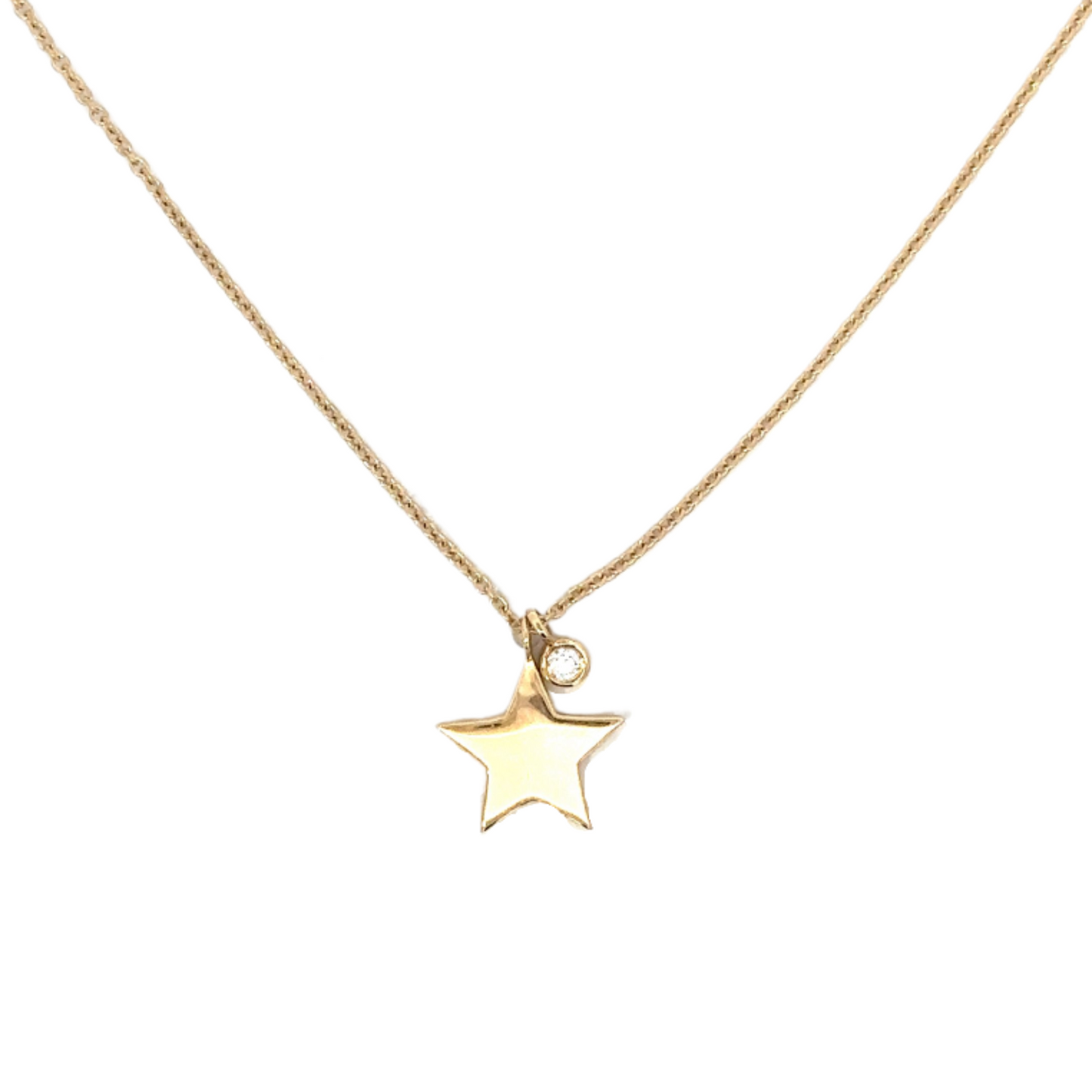 Yellow Gold Blank Star and Bezeled Diamond Charm Necklace