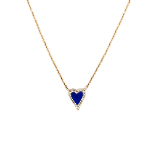 Tiny Enamel Heart Necklace with Pave Diamond Border