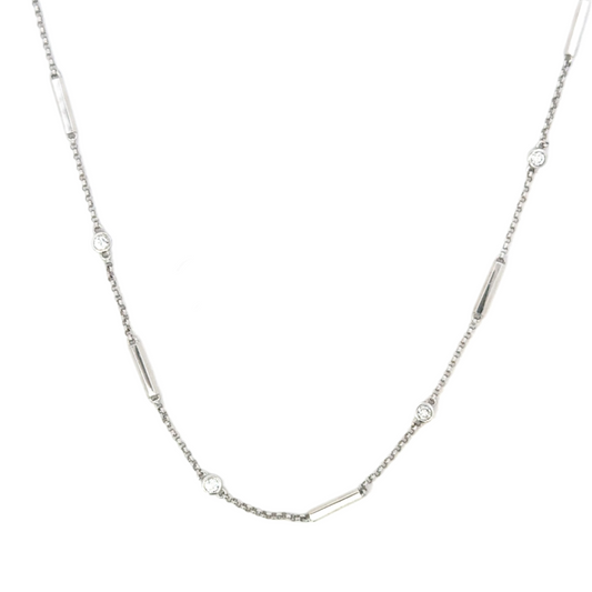 White Gold Thin Bar and Chain Bezeled Diamond Necklace