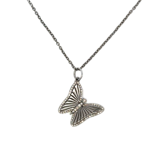 Sterling Silver Necklace with Pave Tilted Butterfly