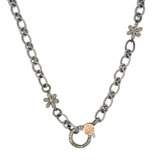 Oval Link Sterling Chain Accented by Two Sterling Pave Flowers and Two Tone Rose Gold Pave Lobster