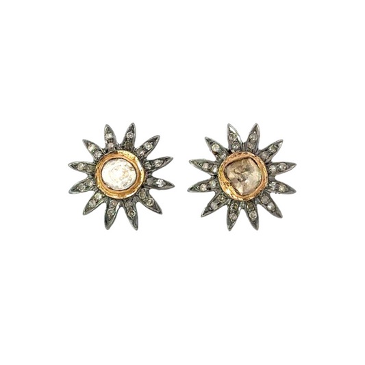 Pave Sunburst Earring with Rose Cut Center Diamond