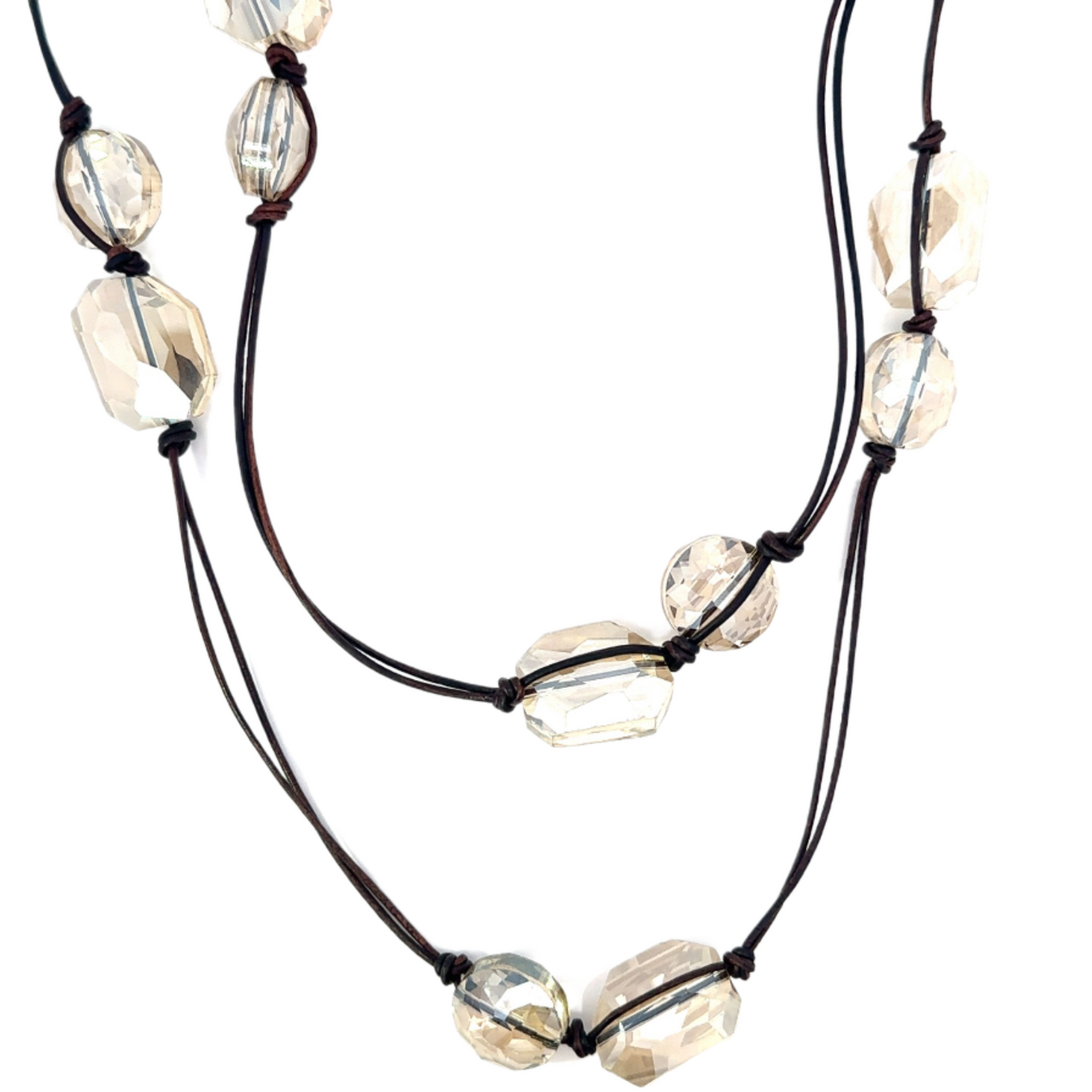 Champagne and Gray Crystal and Leather Hand Knotted Long Necklace