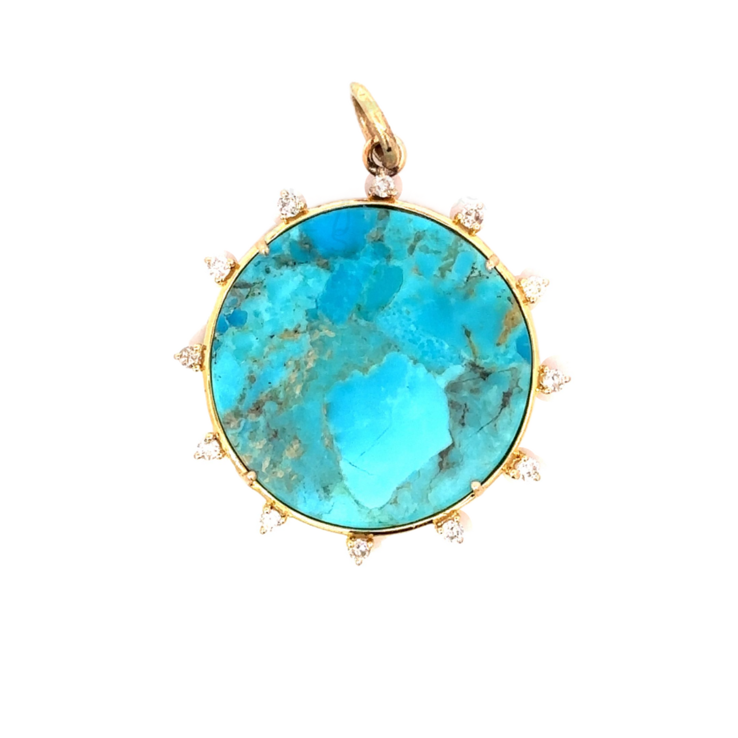 Yellow Gold Turquoise Circle Pendant with Prong Set Diamonds