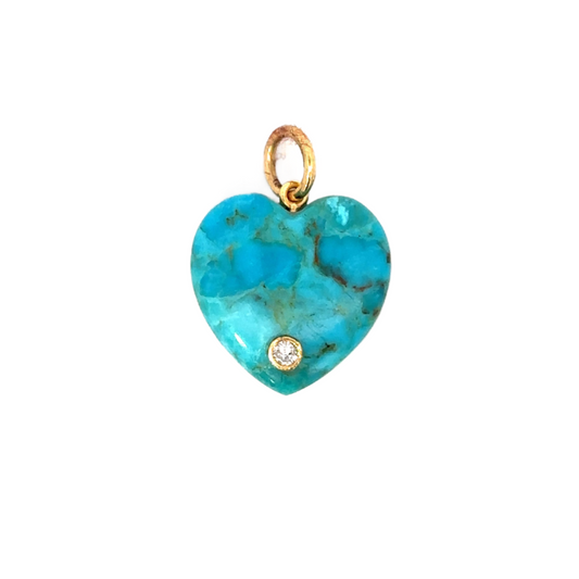 Yellow Gold Turquoise Heart Pendant with Bezeled Diamond