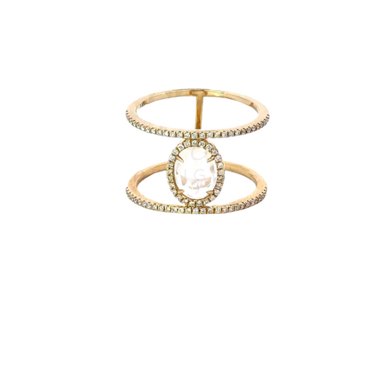 Yellow Gold Double Band Moonstone Ring with Pave Accents