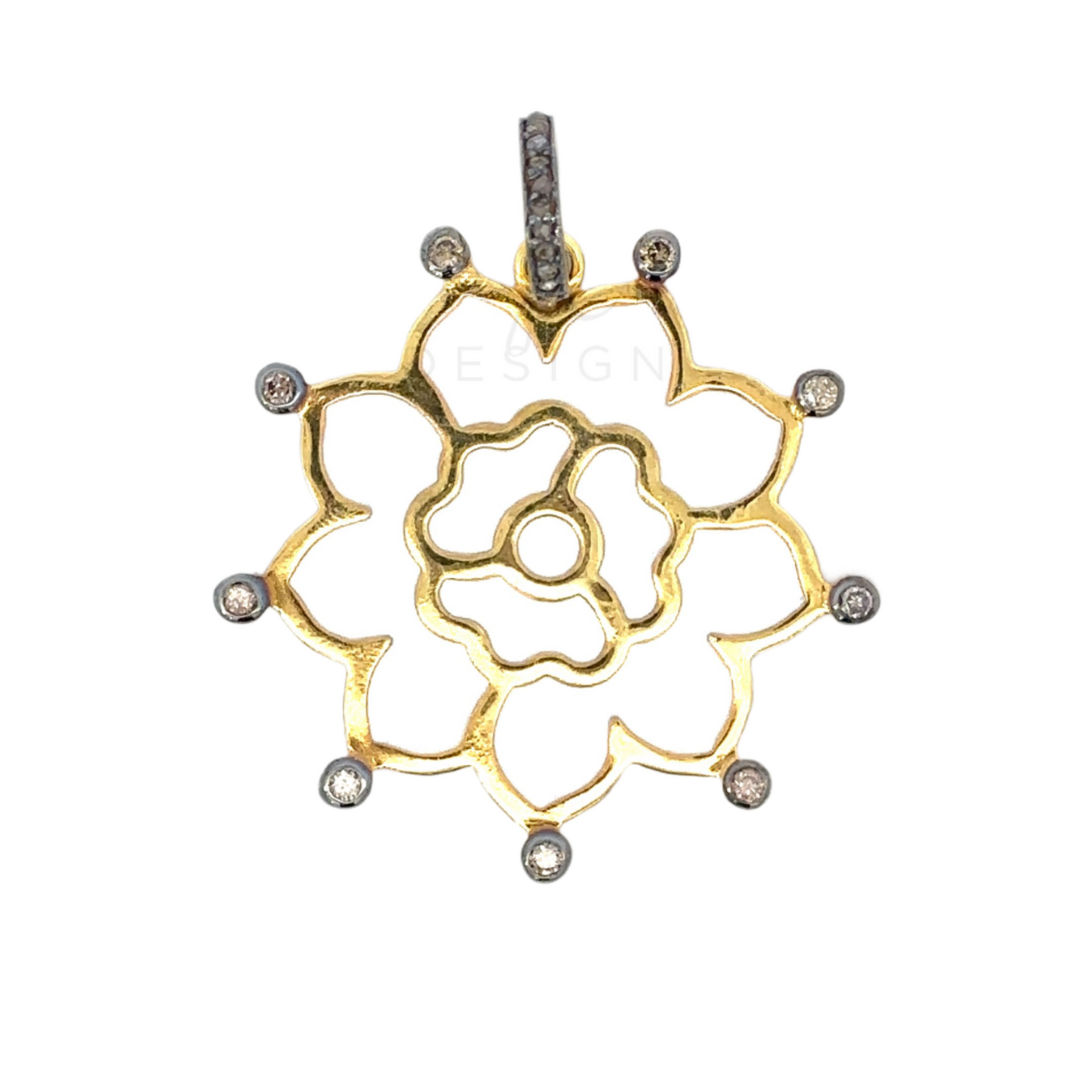 Two Tone Vermeil Enamel 10 Petal Flower Pendant with Diamond Accents