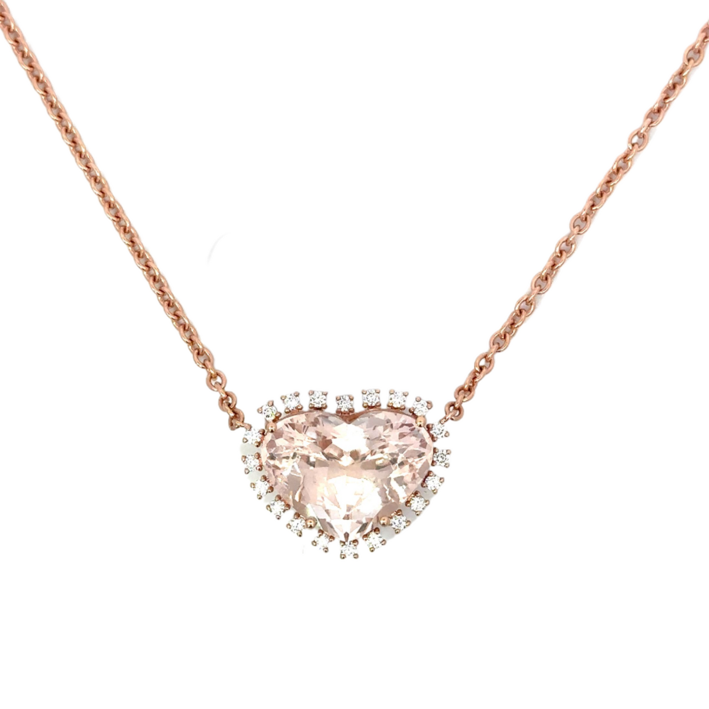 Rose Gold Morganite Heart Necklace with Prong Set Diamond Border