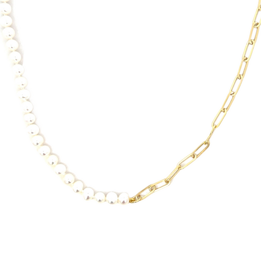 Yellow Gold Paper Clip and Pearl Half & Half Necklace