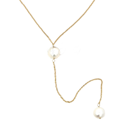 Yellow Gold Double Pearl Y Drop Necklace