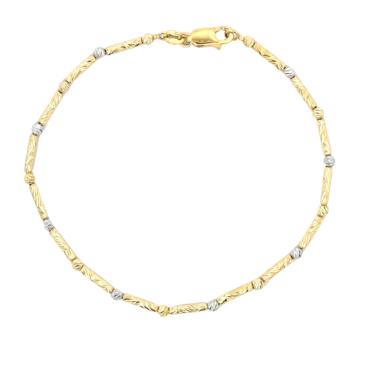 Yellow and White Gold Sparkly Bar and Bead Chain Bracelet