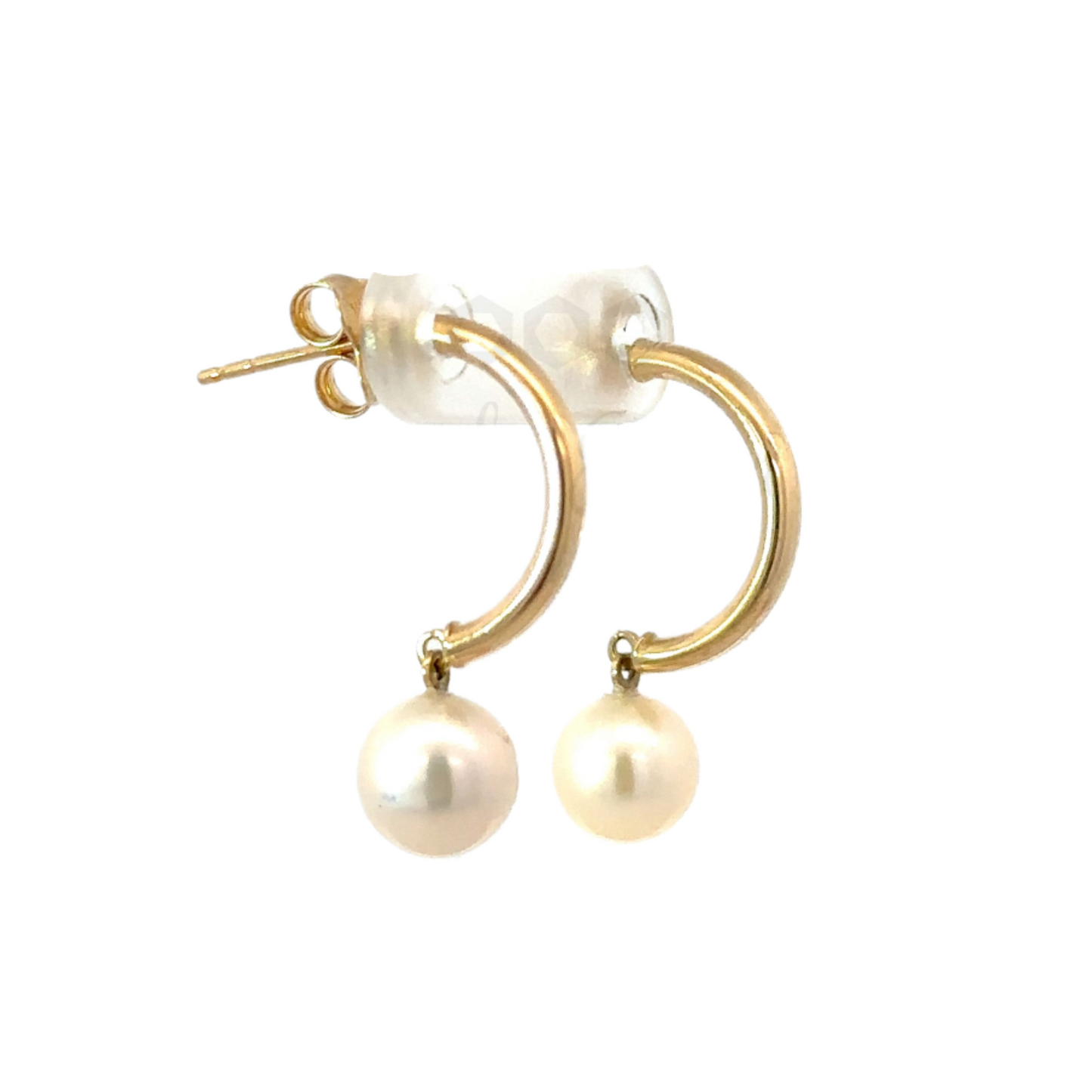 Yellow Gold Half Hoop Earring with Pearl Drop