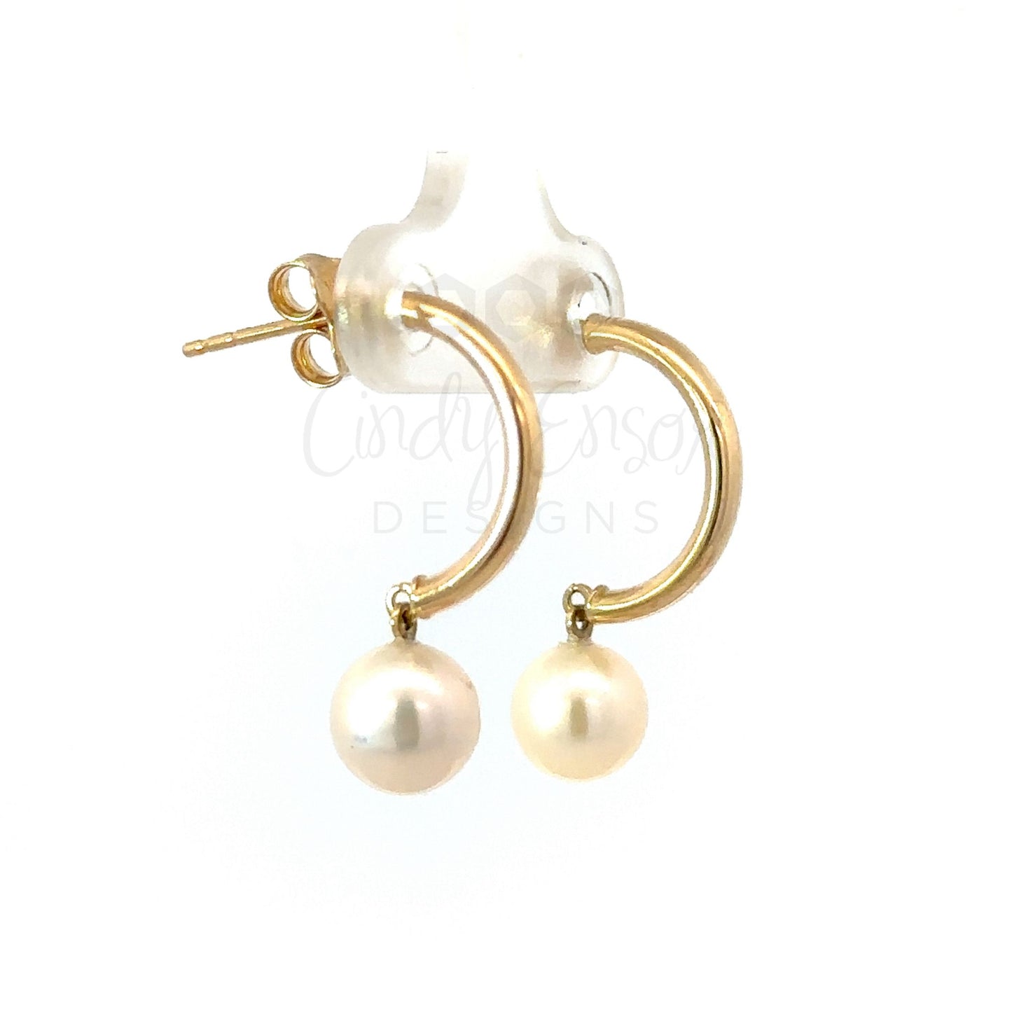 Yellow Gold Half Hoop Earring with Pearl Drop