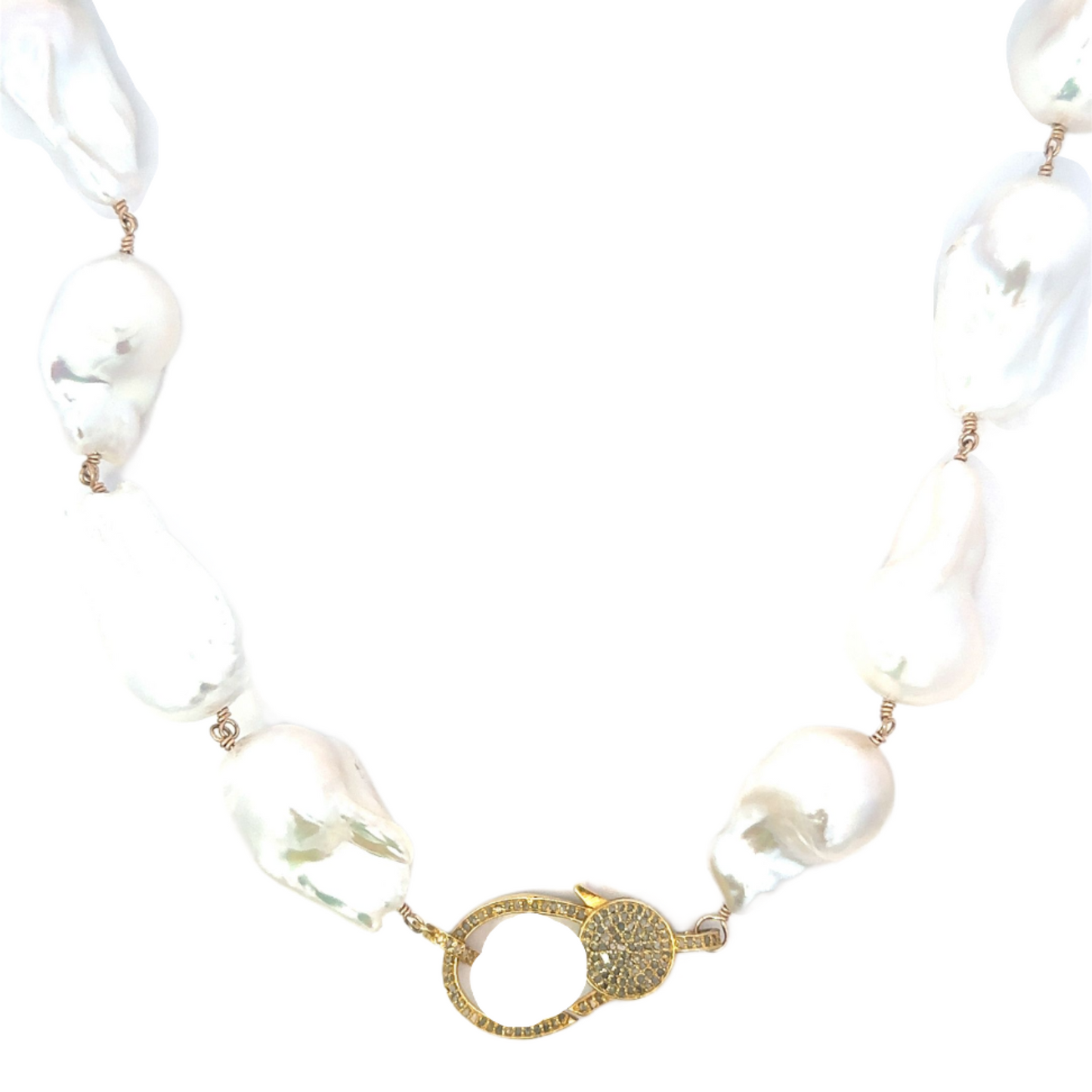 Wire Wrapped White Baroque Pearl Necklace with Vermeil Diamond Lobster