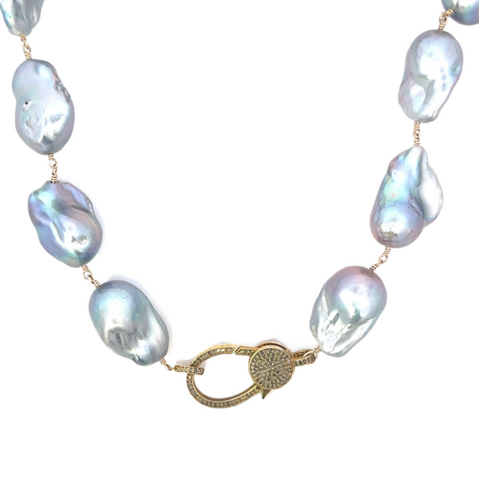 Wire Wrapped Gray Baroque Pearl Necklace with Vermeil Diamond Lobster