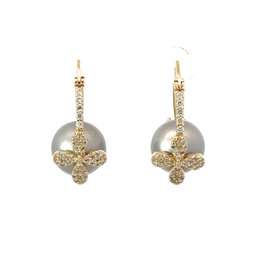 Yellow Gold Pave Latch Back Pearl Earrings with Flower Accent