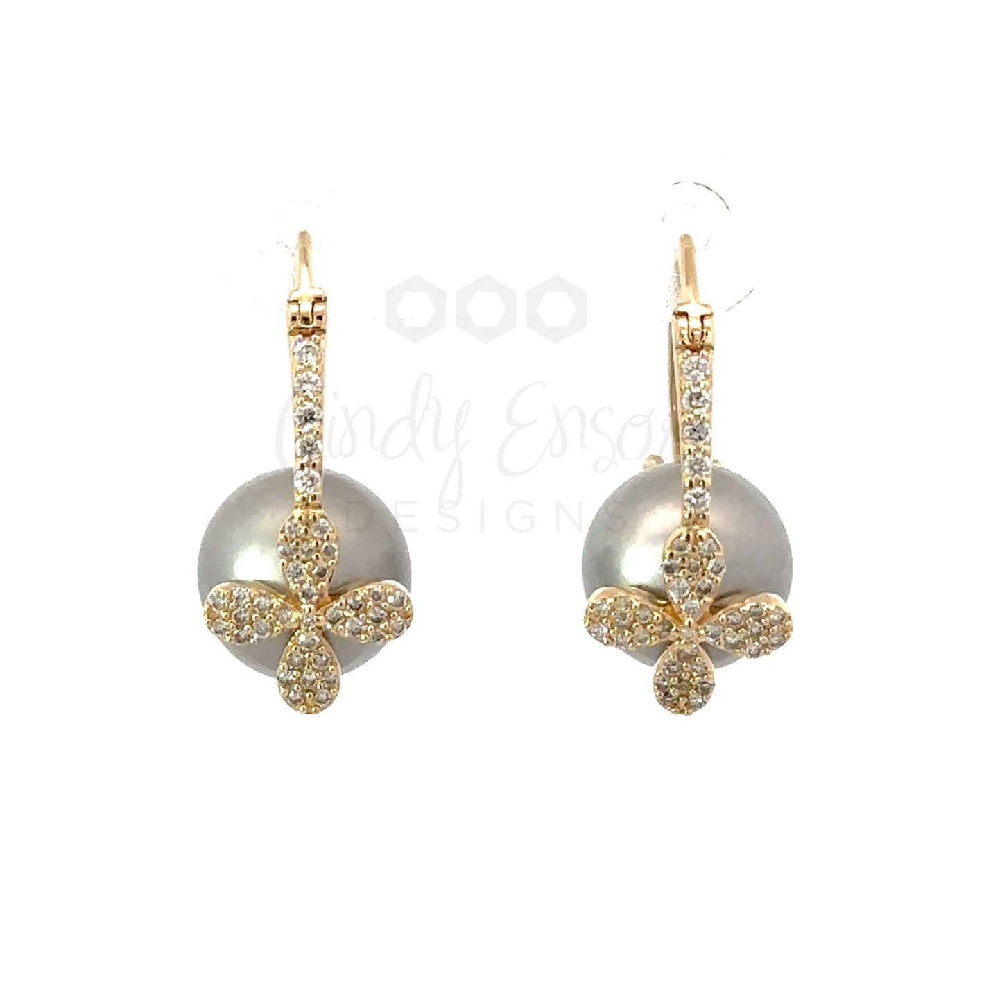Yellow Gold Pave Latch Back Pearl Earrings with Flower Accent