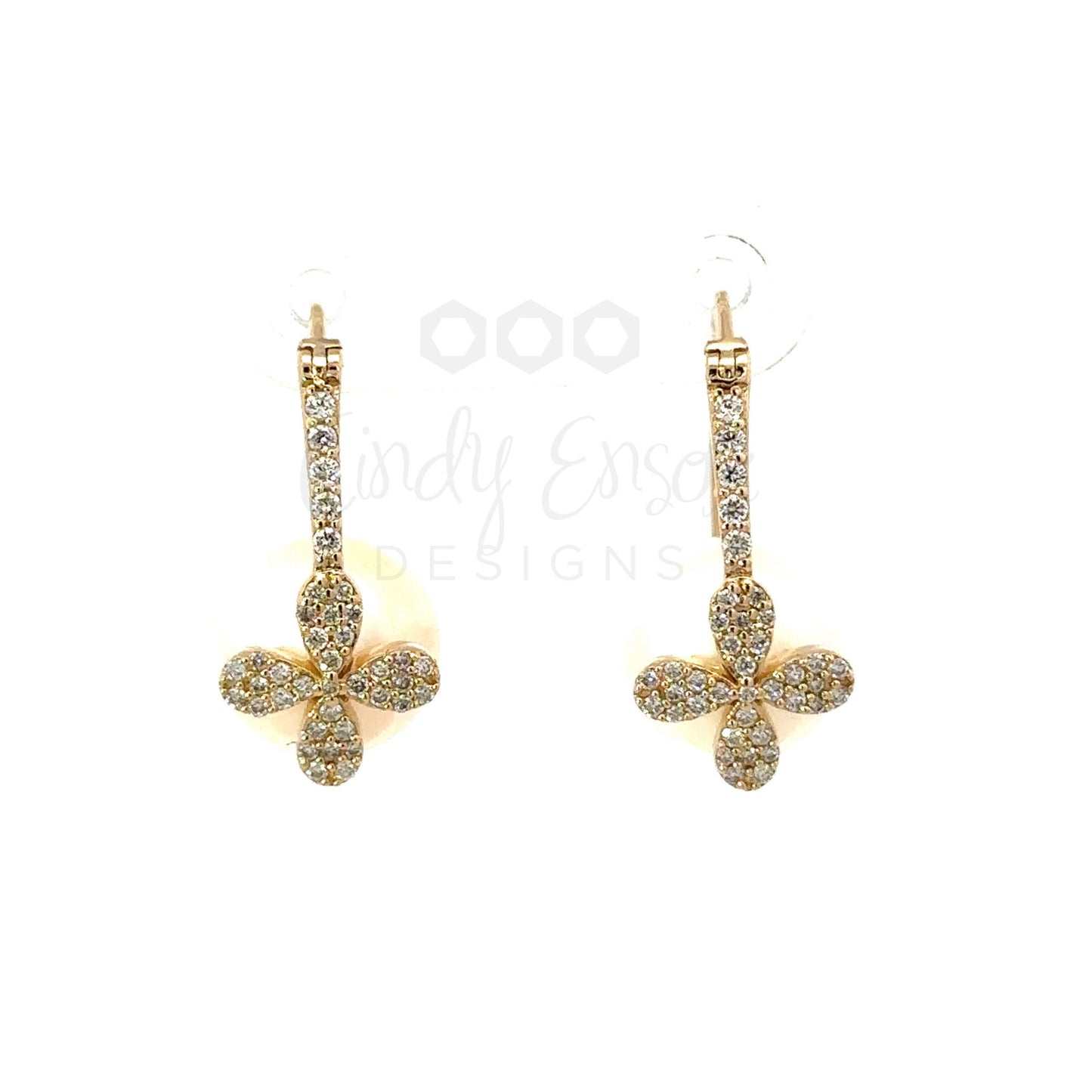 Yellow Gold Pave Latch Back Pearl Earrings with Flower Accent