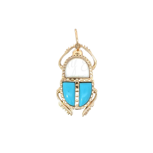 Yellow Gold Turquoise and WMOP Scarab Beetle Pendant