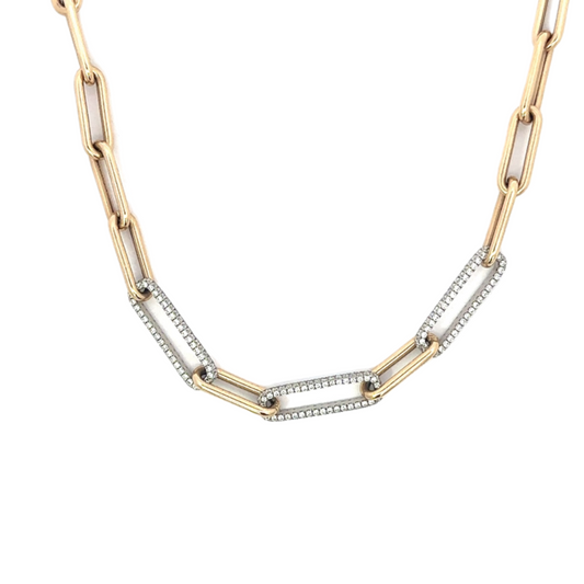 Paper Clip Necklace with 3 White Gold Pave Diamond Links