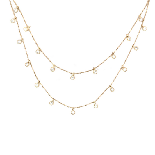 Double Layer Yellow Gold Bezeled Diamond Station Necklace